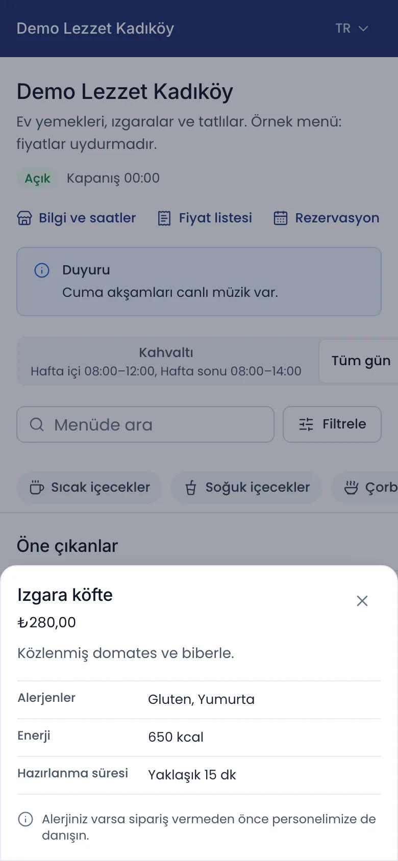 Telefonda QR menüde bir ürün: ızgara köfte, fiyatı, açıklaması, alerjenleri, enerji değeri ve hazırlanma süresi.